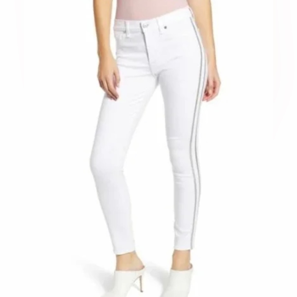 7 For All Mankind High Rise Skinny Glitter Side Stripe White Jeans Size 25